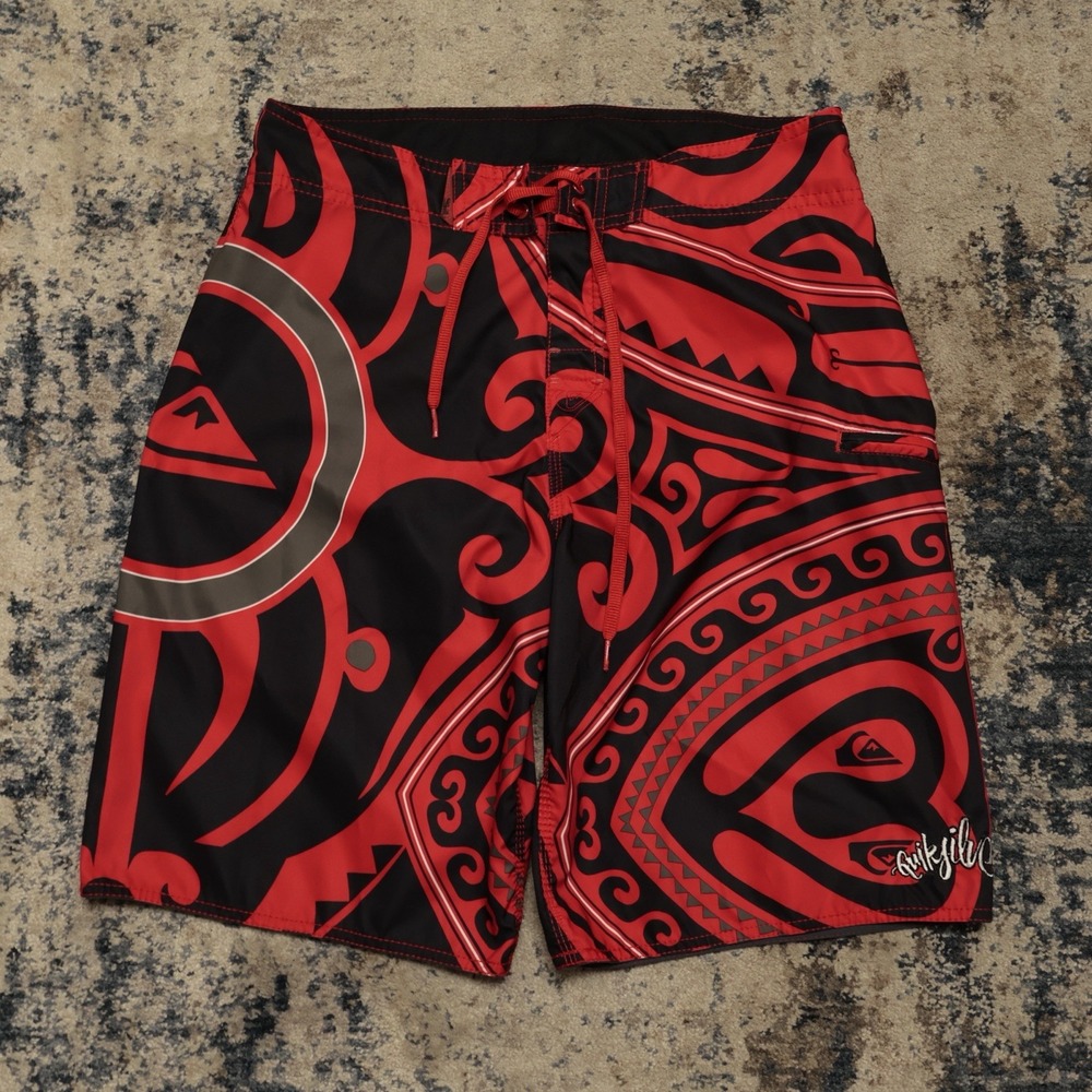 Vintage Y2K Quiksilver Boardshorts Tribal Tattoo Print Cyber Grunge Mens 32 90s